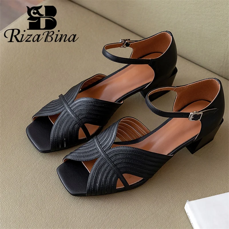 

RIZABINA Genuine Cow Leather Women Roman Sandals 2024 Summer Open Toe Ankle Strap Women's Sandals Fish Beak Summer Daily Shoes