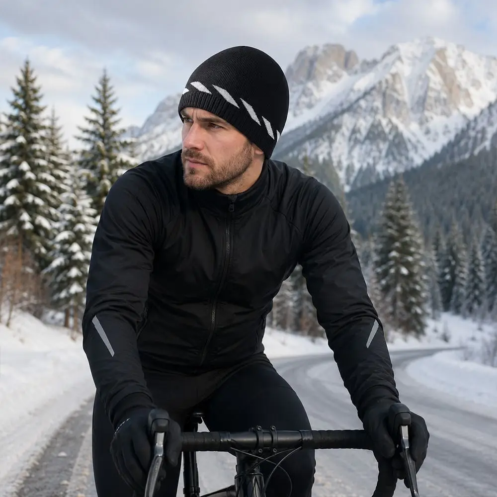 Polyester Reflective Knit Hat Ribbed Knit Stretchy Fit High Visibility Hat Reflective Stripe Winter Knit Hat Outdoor Workwear