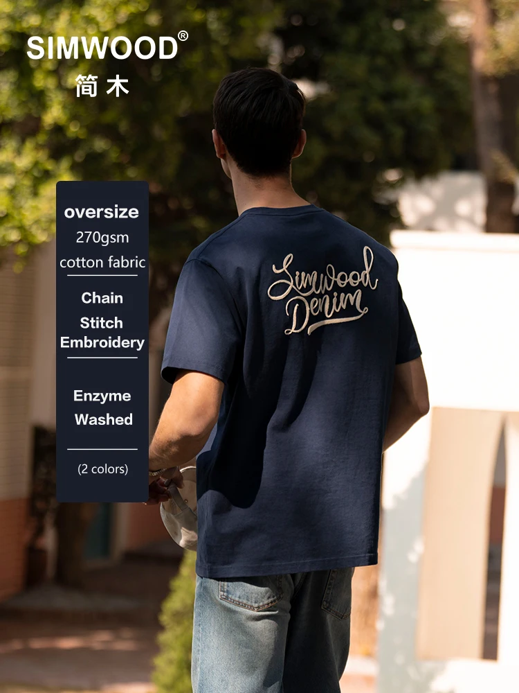 

SIMWOOD Summer New Oversize 270gsm Enzyme Washed 100% Cotton Fabric T-shirts Men Vintage Letter Embroidery Tops