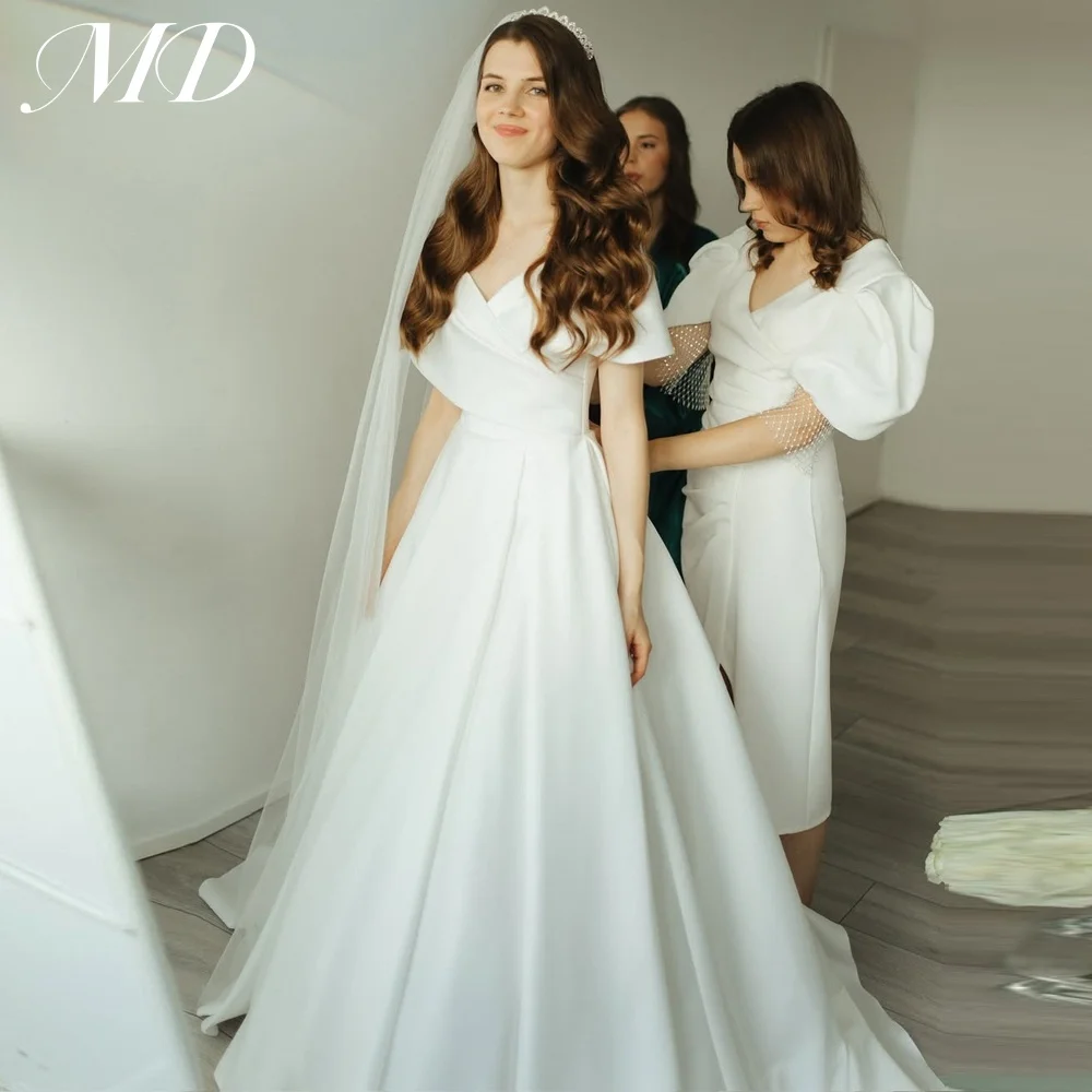 

MD Elegant Off Shoulder A-line Wedding Dress Satin Pleat Ball Gown Short Sleeves Corset Bridal Gown Vestido De Noiva Customized