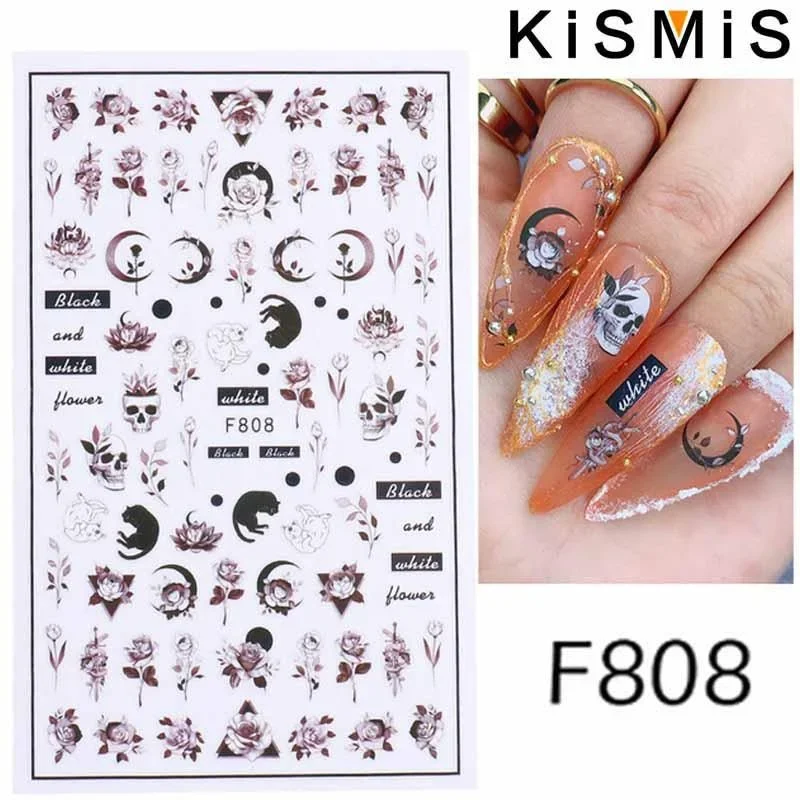 ثلاثية الأبعاد الأسود هندسية زهرة مسمار الفن ملصقات ذاتية اللصق المرأة مانيكير الديكور