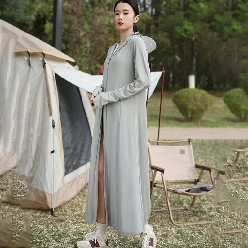 Outdoor Hodded Sun Protective Long Coats Women Zipper Up Long Sleeve Anti-Uv Jackets Woman Camping Hiking Sunscreen Clothing