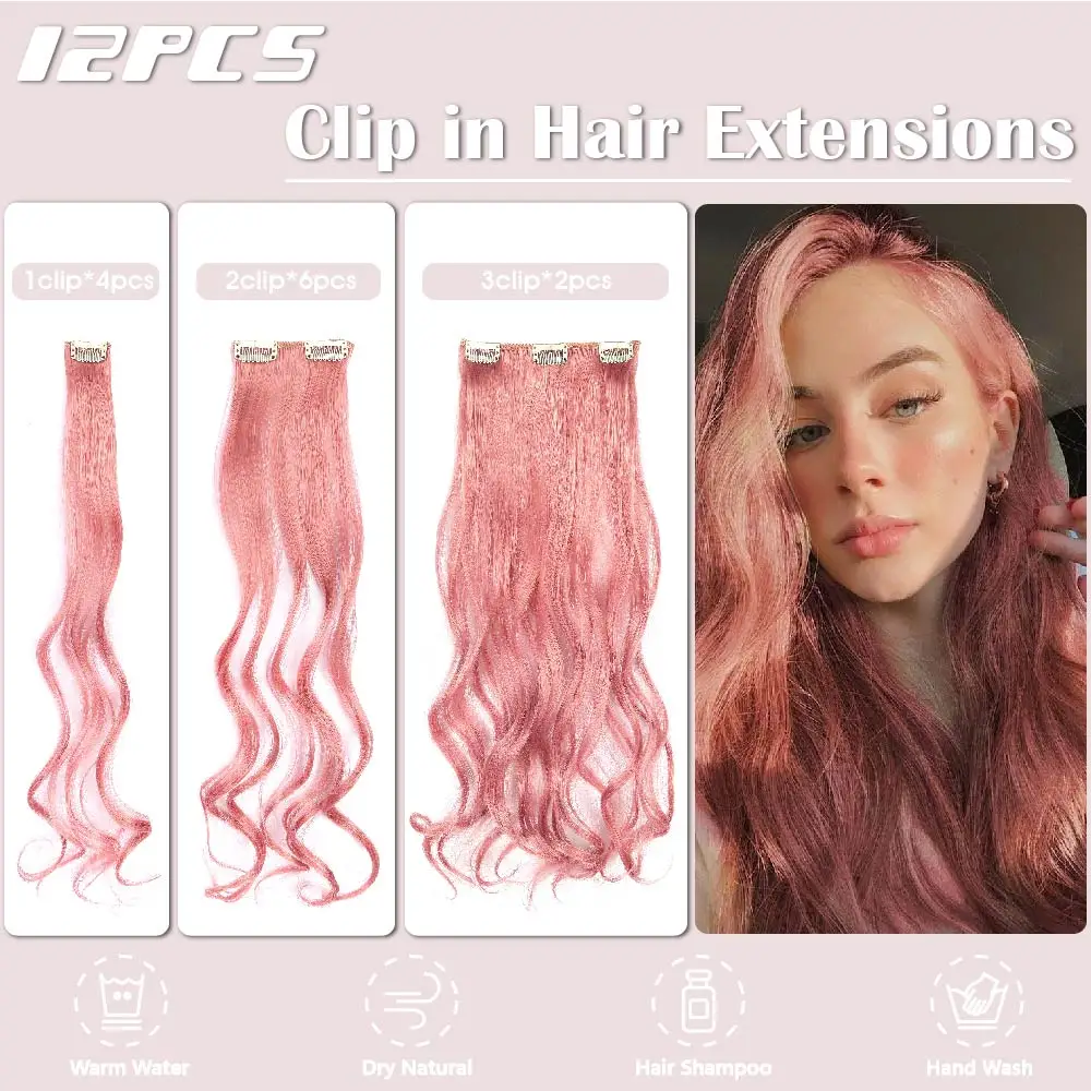 Pink Hair Extensions 12Pcs Clip in Hair Extensions 22 Inches Long Curly Hair Extensions Clip ins Soft Synthetic Hair Extensions