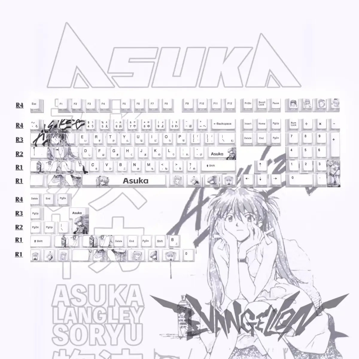 

74 клавиши, колпачки для клавиш с тематикой EVA Asuka, PBT, сублимация, вишня, боковая гравировка, передача, аниме-игры, механические колпачки для клавиш для 60 68