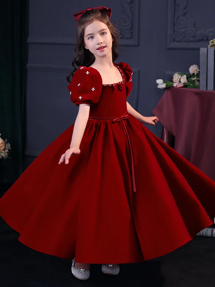 2024 Christmas Red Ball Gowns for Girls Baby Girl Elegant Beading Party Dress Children Luxurious Bridesmaid Dresses for Weddings