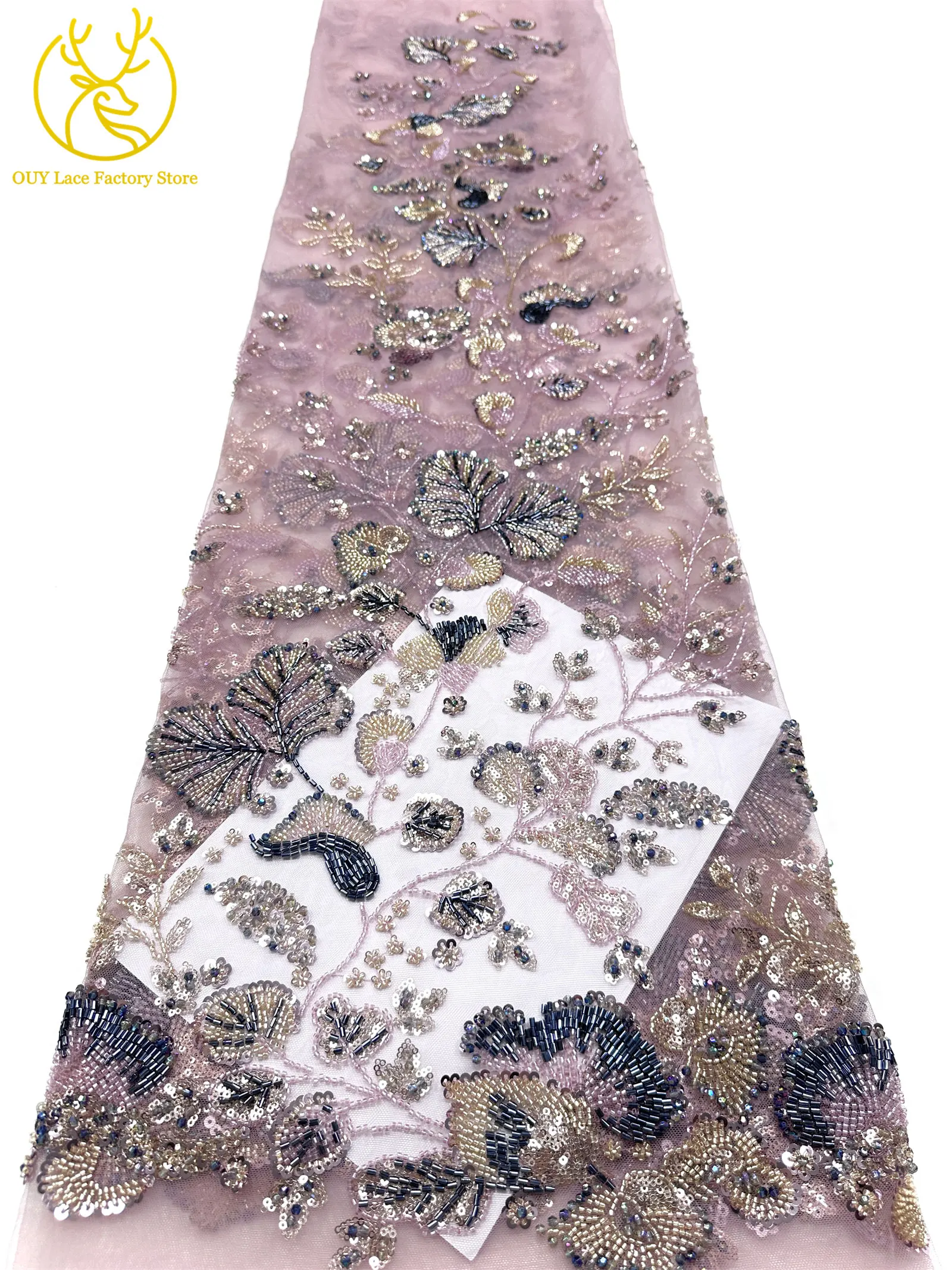 Exquisiter handgefertigter afrikanischer Spitzenstoff mit Perlen und Pailletten, 2026, modischer nigerianischer Tüll mit Blumenstickerei zum Nähen von Abendkleidern – Detail 20