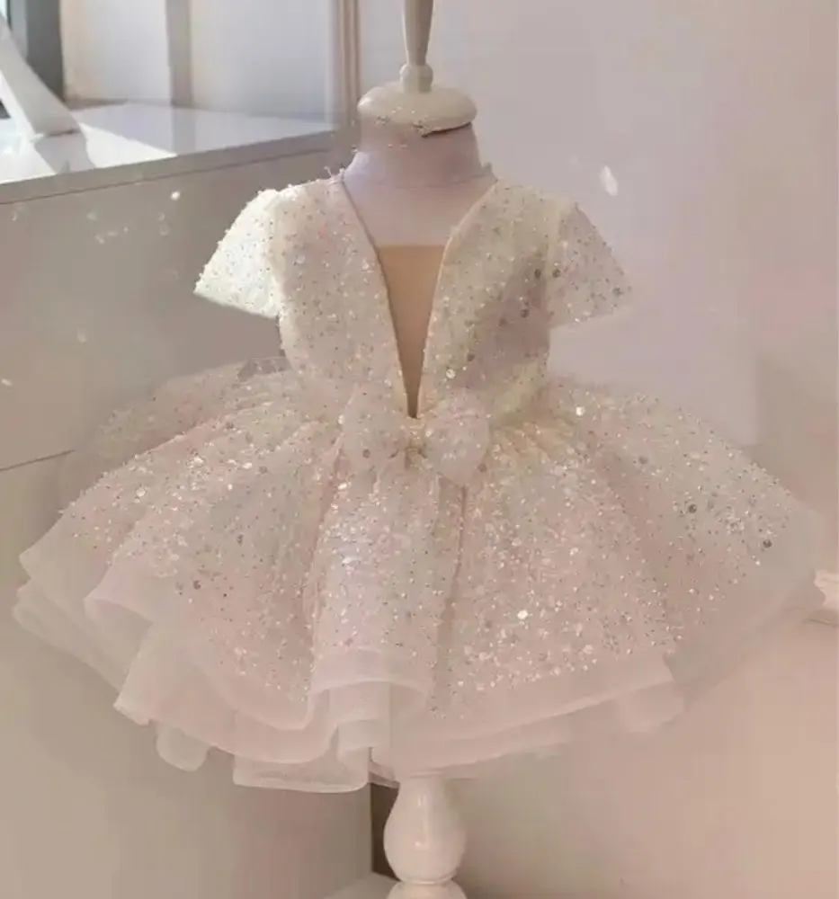 Vestido de flores de lujo para niña, hinchados vestidos de fiesta para boda, manga corta, tul, vestido nupcial de Navidad para niños, Verano