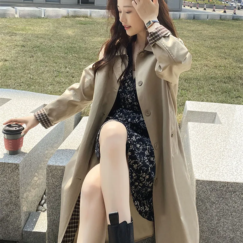 

Women's Plaid Splicing Coat Spring Autumn New Style Drapey Loose Versatile Short plus Size Collar Single Button Long Sleeve