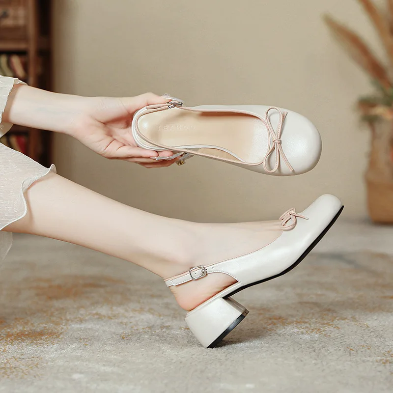 Retro Woman Shoes 2024 Summer Beige Heeled Sandals Mary Jane Original Black Block Closed New Bow Leather Low Comfort Open Girls