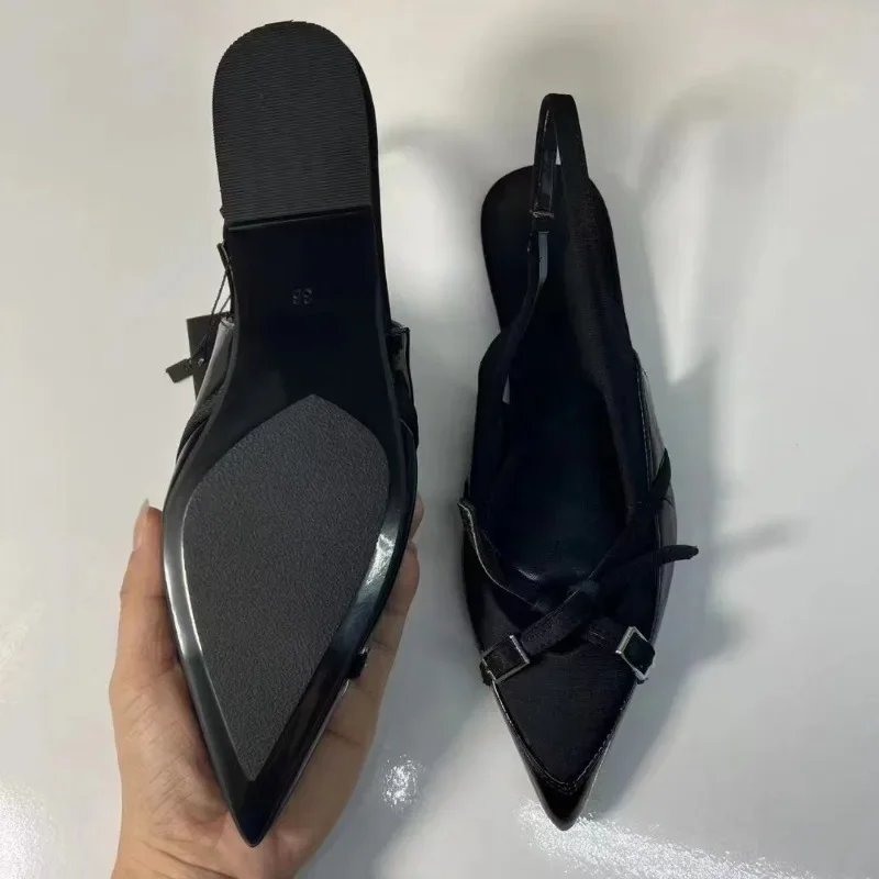 Ballerines Astronomiques en Cuir Noir pour Femme, Chaussures de Ballet Pointues, Mules à Bretelles Croisées, Nouvelle Mode