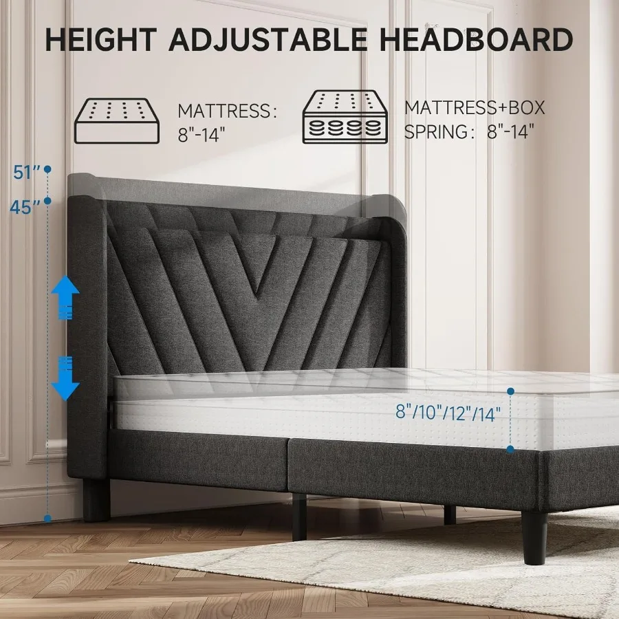 إطار سرير كوين مع لوح أمامي، إطار سرير منجد قابل للتعديل مع منافذ USB من النوع C، لوح رأسي للتخزين من النوع C، صلب #6