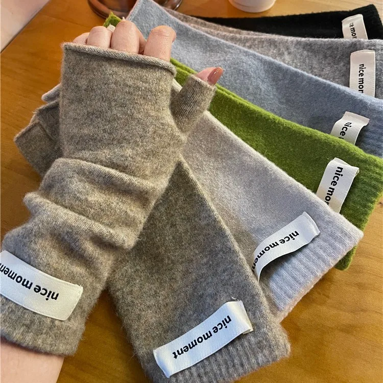 French Lazy Style Stacked Half Finger Gloves for Women Korean Version Winter Warm Knitted Barefinger Writing Students