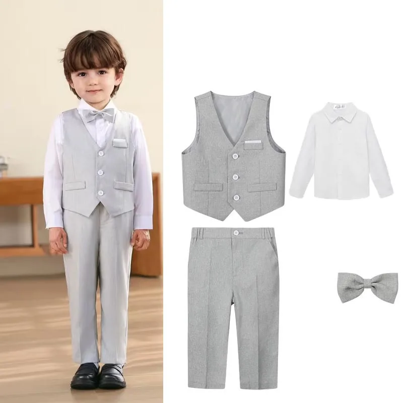 

Летний костюм для маленьких мальчиков: жилет, рубашка, брюки, галстук-бабочка. Нарядный комплект для фотосессий, свадеб, церемоний, косплея.