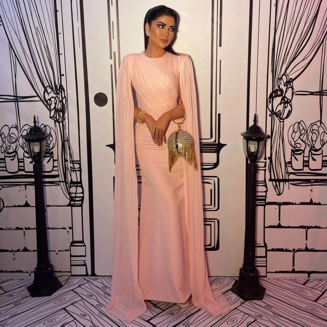 

Santorini Crew Neck Prom Dresses for Saudi Arabia Women Ruched Flutter Sleeves Evening Party Dress Zipper Back Birthday Gowns