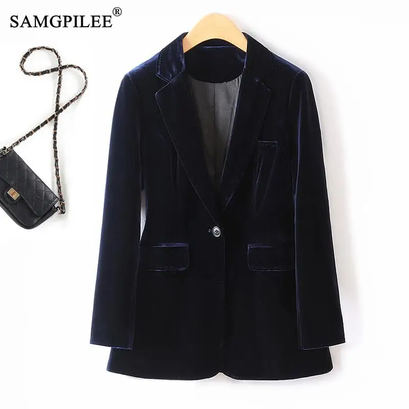 Jacket For Women 2024 Spring And Autumn New One Button Gold Velvet Pocket Turn Down Collar Fashion Woman Blazer Vadim