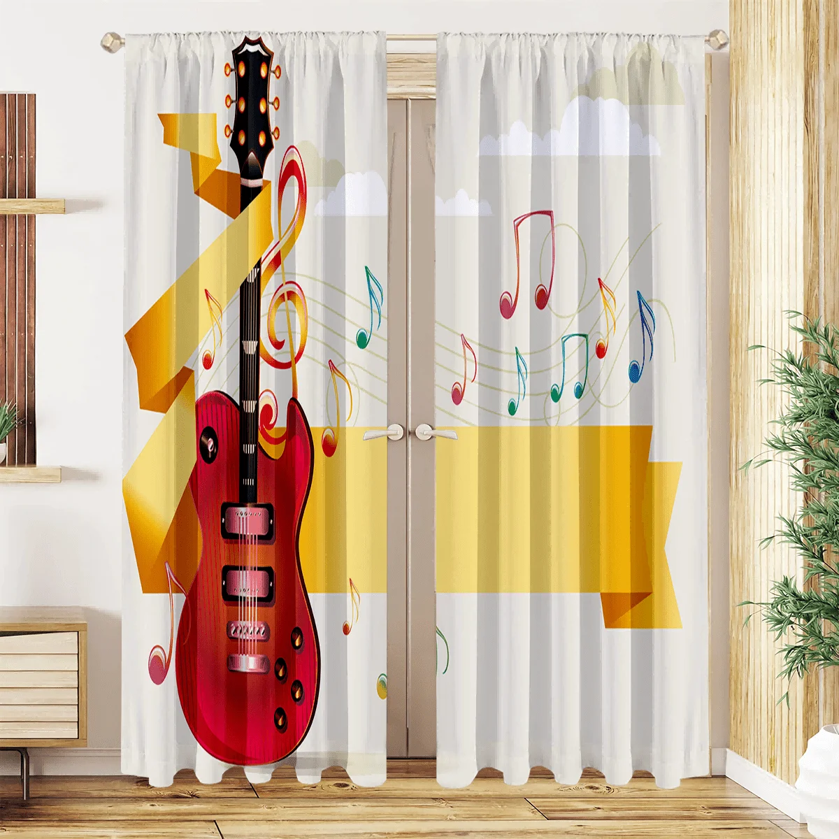 Electric Guitar Curtains, Music Note & Ribbon Print Window Drapes, Rock Band Theme Bedroom Decor for Kids Room, Blackout Fabric