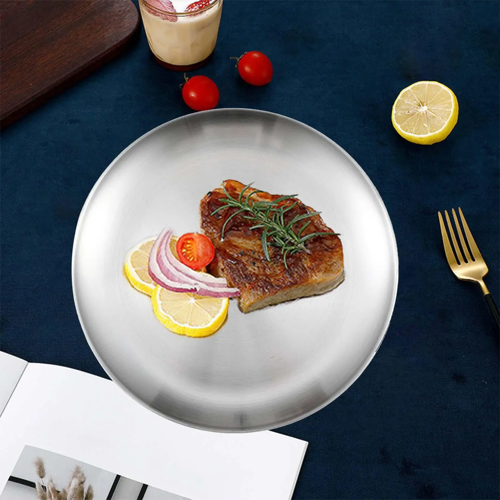 Multipurpose Stainless Steel Dinner Plate Curved Lip Dessert Tray Party Tableware for BBQ and Camping