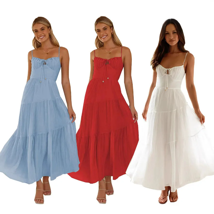 2025 Summer Women Flowy Long Dress Spaghetti Strap Cut Out Backless Ruffle A-line Dress Bohemian Party Holiday Casual Sundress