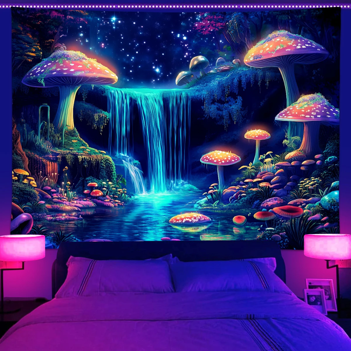 1pc Fluorescent mushroom tapestry, UV reactive black light tapestry, mysterious mushroom natural landscape forest tapestry
