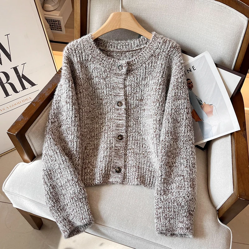 

Свободный вязаный кардиган с круглым вырезом и цветными блоками, длинный рукав, осень 2024, модная женская вязаная одежда