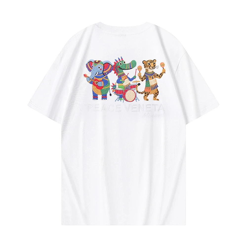 Lyprerazy Animal Party Cartoon Embroidery Light-sensitive Light Becomes Loose and Comfortable Trendy Round Neck T-shirt