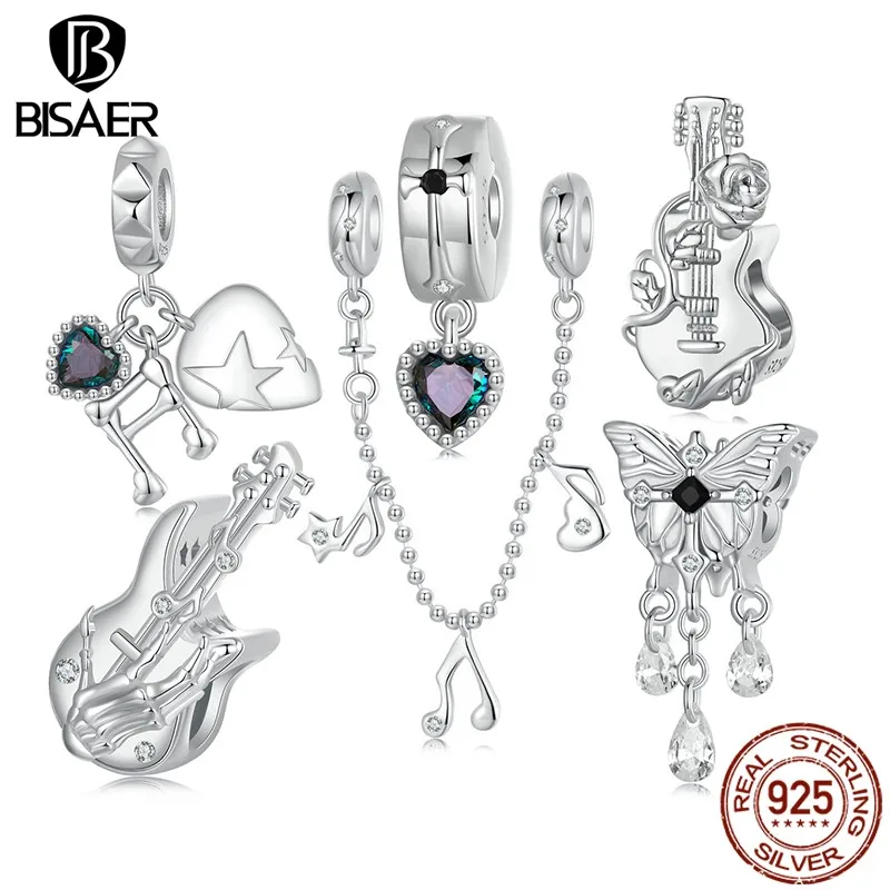 BISAER 925 Sterling Silver Cross Butterfly Pendant Skull Hand Bass Rock Music Charms Beads Fit Woman DIY Bracelet Fine Jewelry