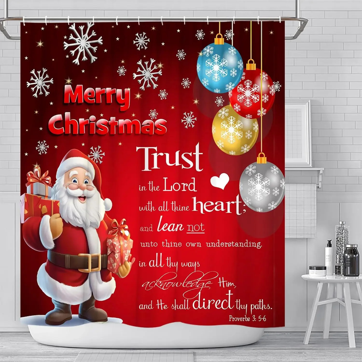 Santa Claus Christmas Red Shower Curtain Happy New Year Gifts Deer Bathroom Decor Winter Holiday Polyester Fabric Bath Curtain