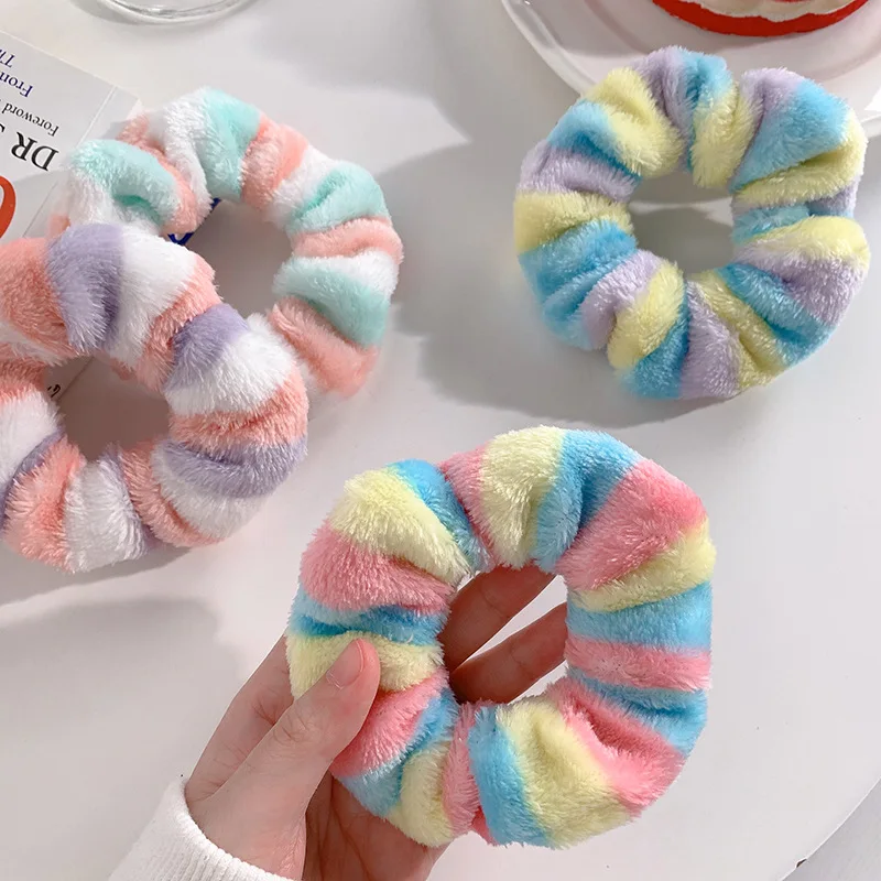 New 4pcs/pack Girls Fluffy Striped Rainbow Hair Band Soft Towel Hair Scrunchies Women Children Sweet Hair Rope Elastic Head Band