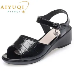 AIYUQI Women Sandals Summer 2026 New Genuine Leather Sandals Ladies Non-slip Large Size 40-43 Wedge Mother Sandals