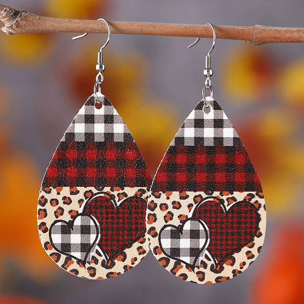 Cheetah Leopard Buffalo Plaid Heart Drop Earrings For Women New PU Leather Valentine Day 2023 New Jewelry Gift Wholesale