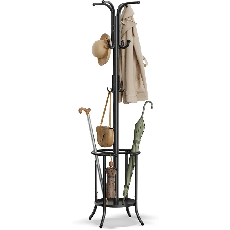 Coat Rack Freestanding, Coat Rack with Umbrella Holder, Metal Coat Rack Stand with 12 Hooks, for Entryway, Hallway, Living Room