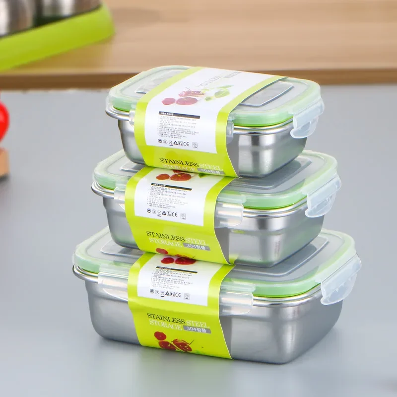 304 Stainless Steel Fresh-keeping Box Sealed Leak Proof Lunch Box Fruit Box with Lid Dumpling Container Refrigerated Storage Box