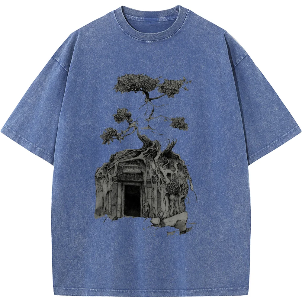 Outdoor Forest Tree House Men/Women Washed T-Shirt 230g Cotton Funny Bleached Tshirt Retro Hip Hop Bleach T shirt