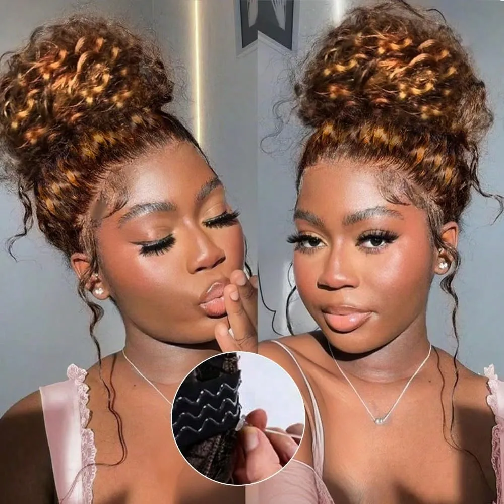 36 Inch Highlight Ombre 360 Deep Wave Lace Front Wigs Human Hair P4/27 Hidden Strap 360 HD Full Lace Drawstring Wig Human Hai