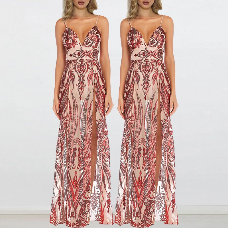 Women Sexy Suspender Spaghetti Gala Dress Fashion High Waist Sequins Party Dress Elegant Sleeveless Split Pleat Evening Dress