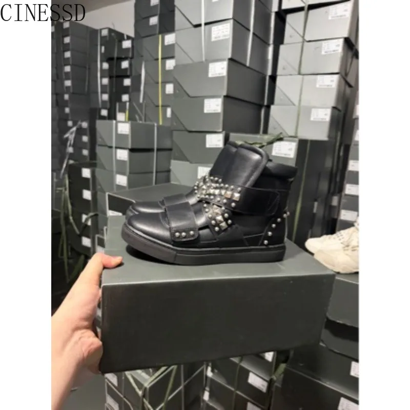 2026 New Nail Light Subculture Men's Thick-soled Heightening Leather Casual Shoes Rivet Punk Tall Tube Chelsea Boots