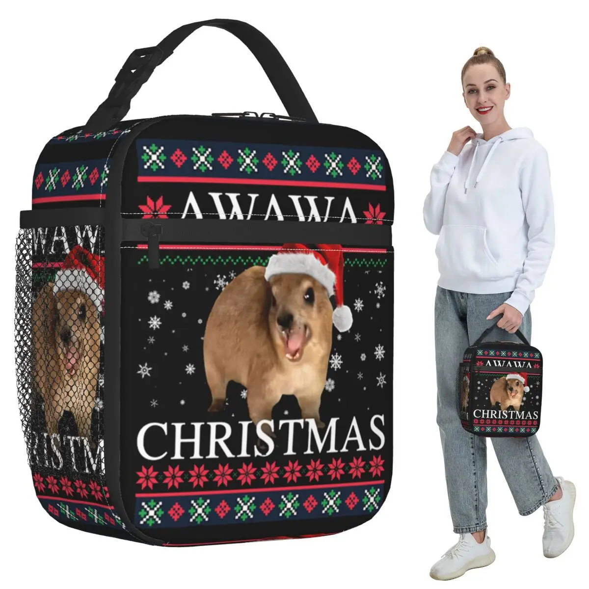 

Rock Hyrax Merry Christmas Ugly Style Изолированная сумка для обеда для женщин Офисный холодильник Коробка для еды Сумка Портативные коробки для завтрака Контейнер