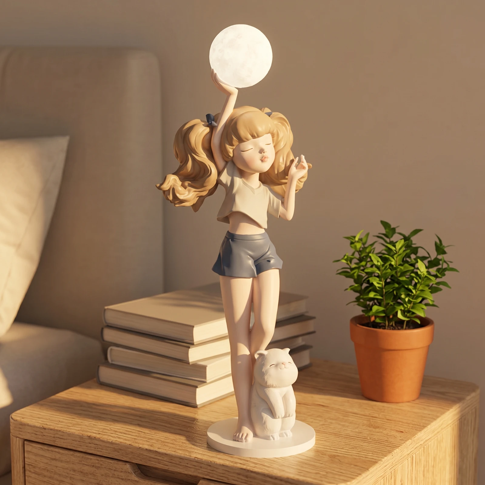 Statuette de fille avec lampe, statue décorative de fille avec lampe sphérique lumineuse, sculpture moderne en résine lumineuse