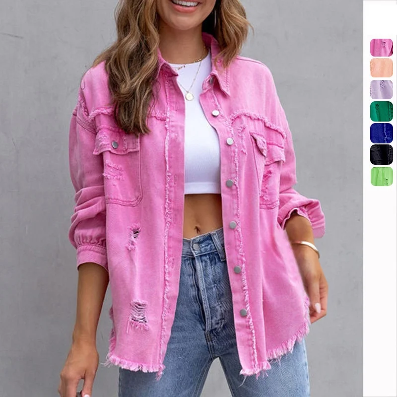 

2024 New Denim Jacket Women Spring Autumn Long Sleeved Casual Lapel Top With Rough Edges Holes Denim Jacket Female Outerwear 2XL