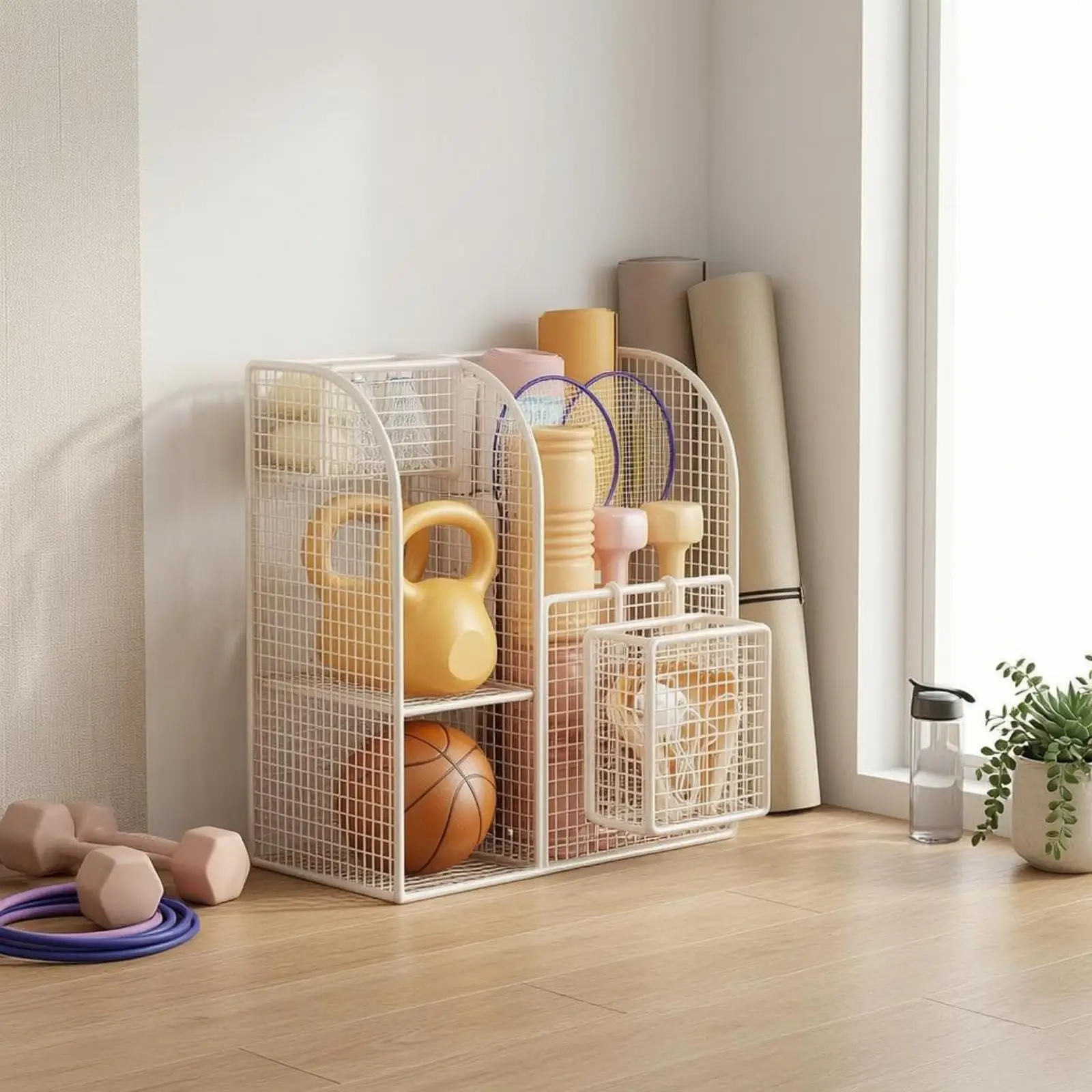 Multi Section Metal Wire Storage Cart for Sports Gear and Yoga Mats with Rolling Base for Home Fitness Equipment Organization view 3