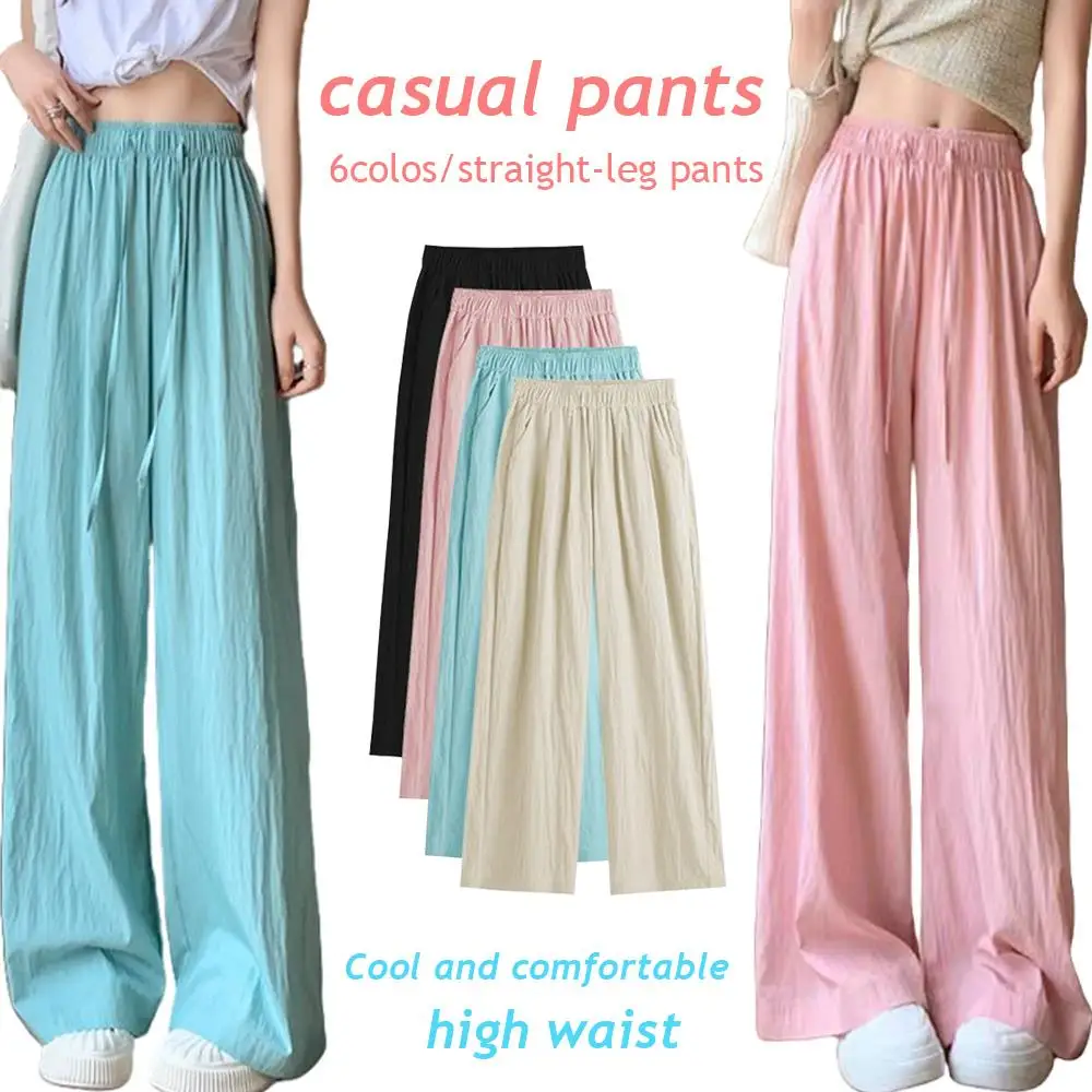 

Women's Pants Wide Leg Straight Leg Loose Trousers High Waist Long Pants Small Size Summer Korean Style Casual Ice Silk Pants
