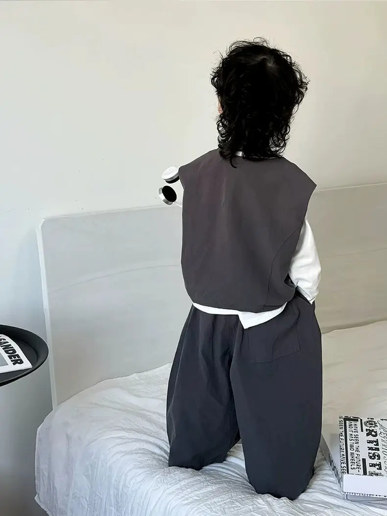 Autumn Fashion Baby Boys Waistcoat Gray Vest+Tshirts+Loose Pants 3pcs Children Set Casual  Streetwear Handsome Suit