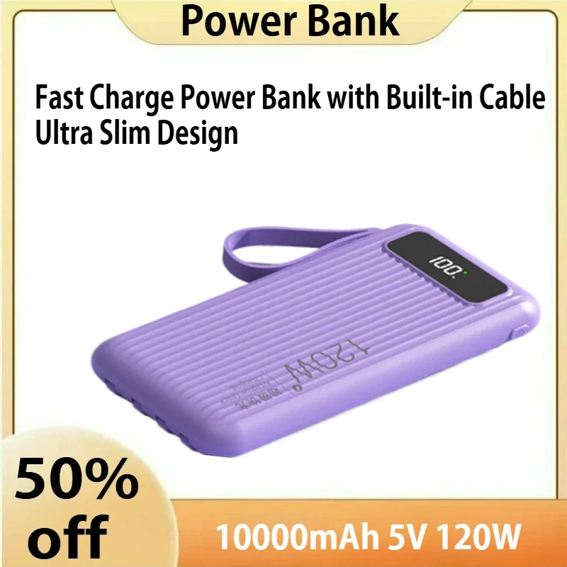 

10000mAh 5V 120W Fast Charge Power Bank with Built-in Cable Ultra Slim Design