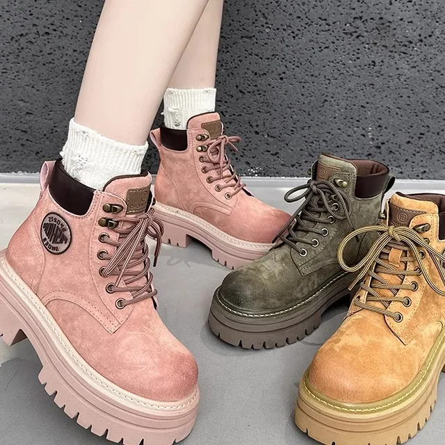 

Women's Boots Thick Bottom Genuine Leather Outdoor Fashionable Pink Boots Fall Season Mid-Calf round Toe High Heel