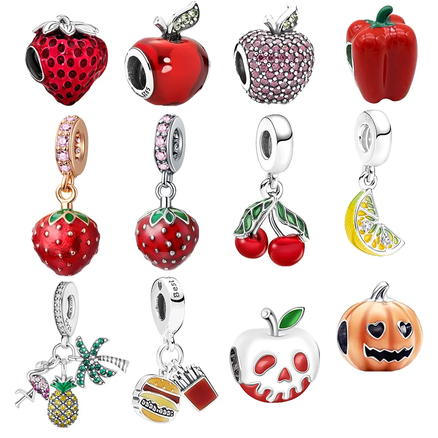 Nueva manzana brillante, cereza, semillas de fresa fruta cuelga el abalorio compatible con pulsera Pandora de Plata de Ley 925 Original joyería
