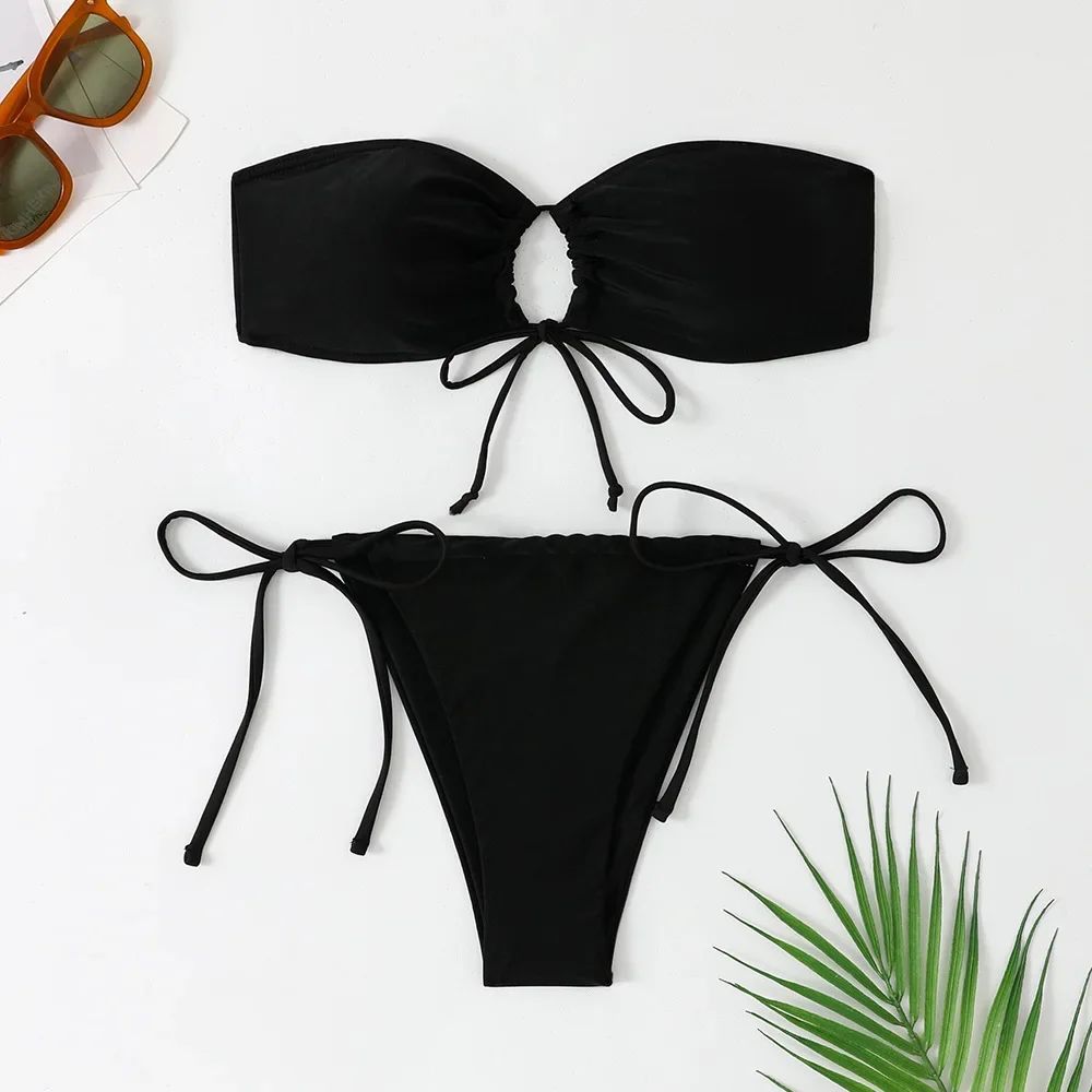 

Sexy Bandeau Bikinis Sets Two Pieces Swimsuit Black Swimwear Female Brazilian String Biquini Beach Wear Lace Up Bathing Suit