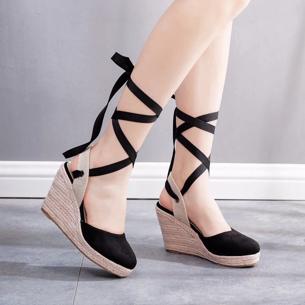 Women's Espadrille Platform Wedge Sandals Closed Toe Ankle Strap Lace up Summer Shoes - view 2