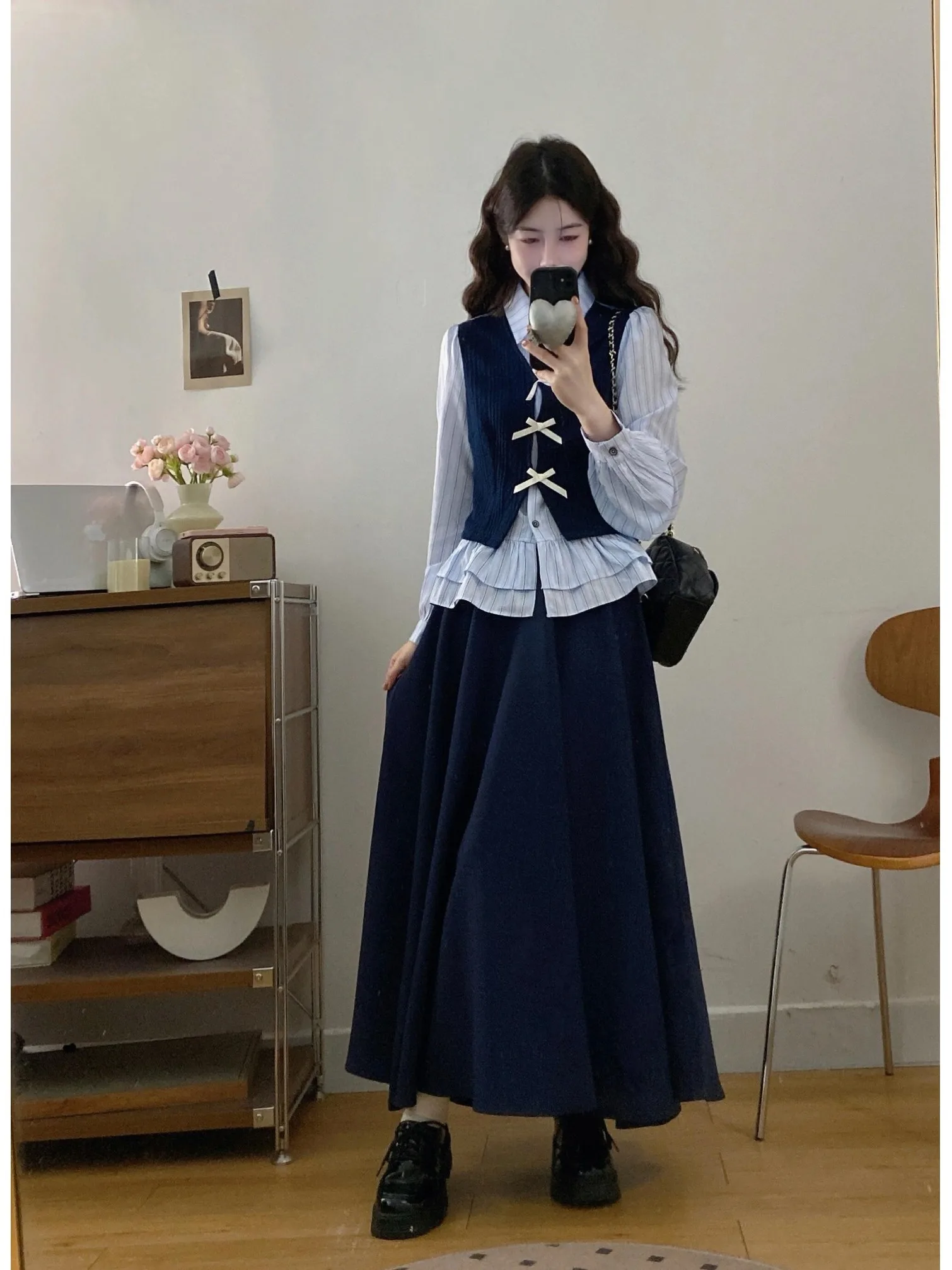 

Spring Early Large Size College Style Women's Set High Waist Striped Shirt And Skirt Two-Piece Suit Korean Fashion Fake Two-P...