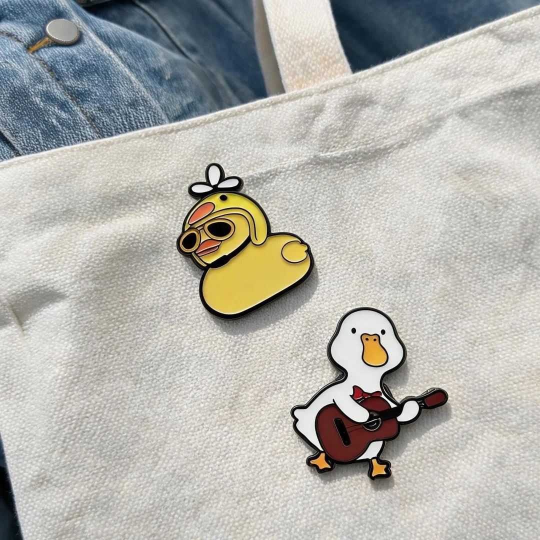 Cute Duck Enamel Brooch 2Pcs Set Yellow Helmet Duck White Guitar Duck Lapel Pin Cartoon Metal Badge Backpack Jacket Decor Gift