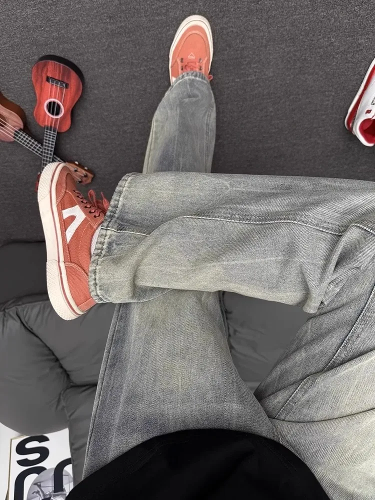 

Мужские джинсы с синей талией и молнией, летние тонкие свободные брюки в американском стиле, прямые расклешенные брюки с микро-расклешенными трубками, дышащие, удобные...